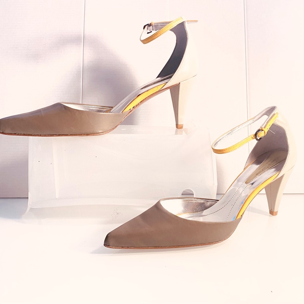 Kenneth Cole leather Gray/yellow pointy back strappy dress shoes Business Party